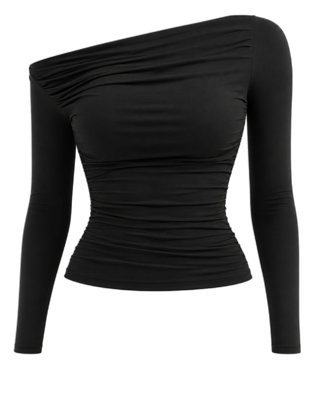 Asymmetrical One-Shoulder Ruched Long Sleeve Top - Black